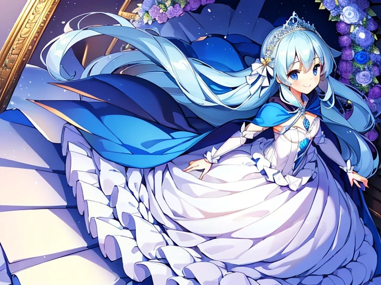 best quality,(long train blue cape:1.15),(long train white ball gown with floral decoration:1.15), a girl is wearing a cape over her dress, anime style, rococo style, little princess, tiara, kind smile, very long hair, small breast, perfect fingers, masterpiece