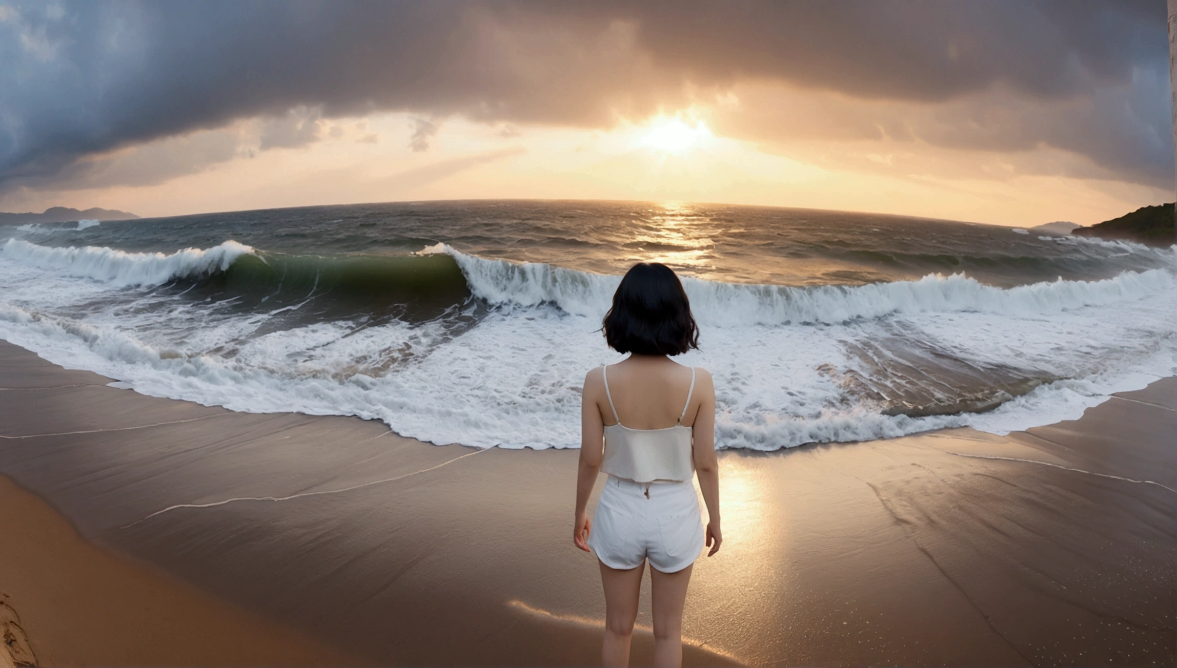 8k, realistic, lifelike photo, Realistic appearance of nature, beach at sunset, pale light, umbrella, rain, 36 year old Korean woman, short medium hair, Woman standing in endless beach waves. Close-up from afar with a wide-angle lens, tower, White shorts, waves crashing, Clear picture quality, 검은 umbrella을 쓰고 있는