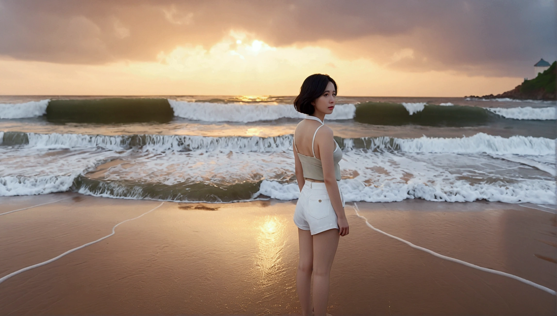 8k, realistic, lifelike photo, Realistic appearance of nature, beach at sunset, pale light, umbrella, rain, 36 year old Korean woman, short medium hair, Woman standing in endless beach waves. Close-up from afar with a wide-angle lens, tower, White shorts, waves crashing, Clear picture quality, 검은 umbrella을 쓰고 있는