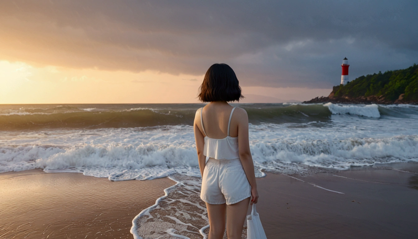 8k, realistic, lifelike photo, Realistic appearance of nature, beach at sunset, pale light, umbrella, rain, 36 year old Korean woman, short medium hair, Woman standing in endless beach waves. Close-up from afar with a wide-angle lens, tower, White shorts, waves crashing, Clear picture quality, 검은 umbrella을 쓰고 있는