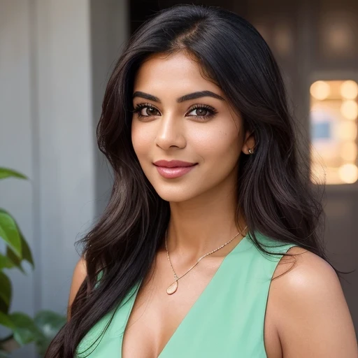 Create an ultra-realistic image of Marina, a modern, attractive female influencer of Indian descent, aged around 40. Marina should have a warm and inviting smile, expressive almond-shaped eyes with a slight shimmer, and clear, glowing skin with a medium brown complexion. Her features should be well-defined, with high cheekbones and a sharp jawline.
In this image, Marina should be wearing a fitted, sleeveless green dress with a high slit and an open back, identical to the one in the provided image. Her hairstyle should be long, straight, and flowing over her shoulders. Ensure her bust size is slightly larger than the model in the reference image while maintaining an elegant and natural look.
Marina should be posing with her back fully turned to the camera, showing her neck and entire upper back, similar to the model in the reference image. The background should be an urban alleyway with similar lighting and setting as depicted in the reference image. The overall appearance should exude confidence, approachability, and sophistication, capturing the essence of a contemporary Indian fashion influencer.
