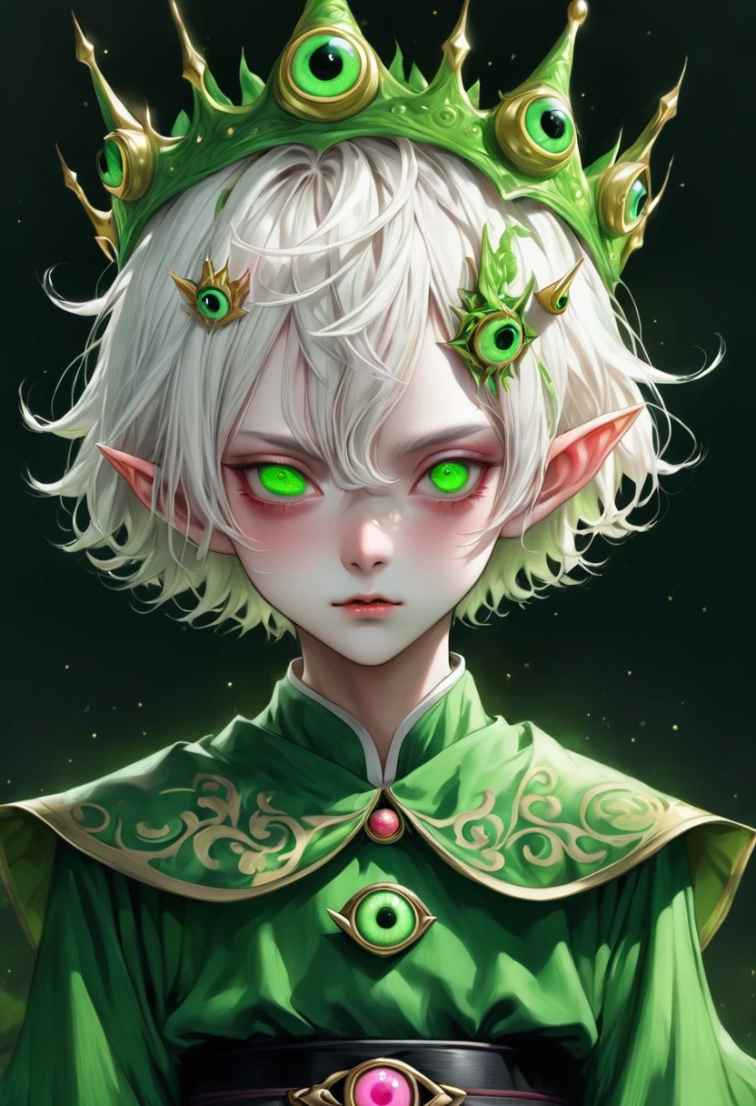 Japanese Anime,Second Dimension,Horror style,horror character,(((Three-eyed boy,独奏,third eye on the forehead,Dark eyeshadow,White short hair,Elf ears,Green Skin,Exaggerated golden crown-eyeball decoration))),(((Japanese clothing))).(((Thin waist,Green belt:1.6))).Pure pink background