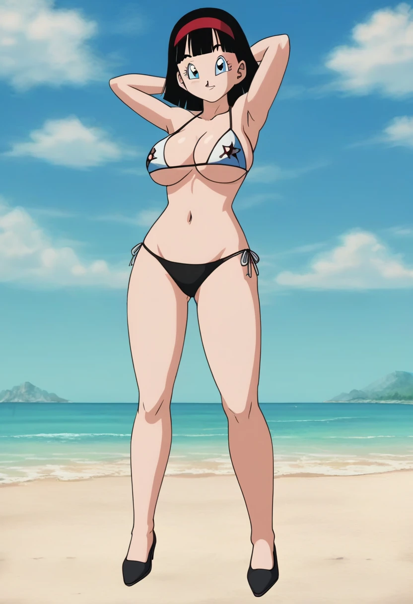 source_anime, score_9, score_8_up, score_7_up, anime screencap,8k, absurd res,
videl, dragon ball super, bob cut, 1girl, solo, breasts, short hair, blue eyes, large breasts, black hair, full body,
(extremely detailed CG unity 4k wallpaper),(masterpiece),(best quality),(ultra-detailed),(best illustration),(best shadow),(absurdres),(detailed background), looking_at_viewer, smile, large_breasts, cleavage, bare_shoulders, standing, hands behind head, collarbone, long_legs, black underwear, from_below, breasts, large breasts, big breasts, huge breasts, big tits, giant breasts, small bikini, bikini, bare shoulders, bare arms, beach, ocean, underboob