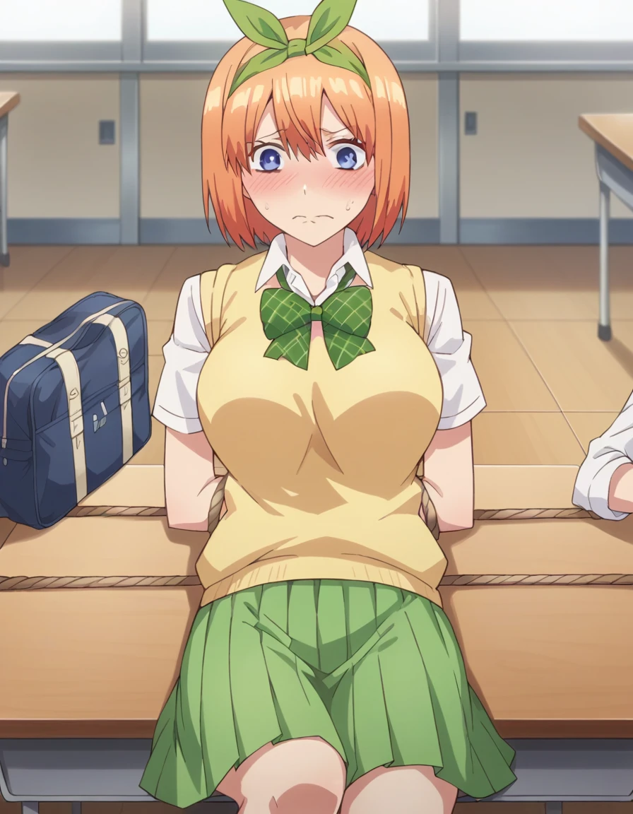 score_9, score_8_superior, score_7_superior, sauce_anime,
Yotsubanakano, Yotsuba Nakano, bangs, short hair, blue eyes, Hair between the eyes, hair ribbon, hair band, Orange Hair, green ribbon, Mature Woman,
skirt, shirt, bow, ribbon, , white shirt, Short sleeve, pleated skirt, collared shirt, miniskirt, bowtie, Knee-high, green skirt, green bow, Sweater vest, green ribbon, yellow Sweater vest,
indoor, classroom,Embarrassed,
View your viewers,superior半身,Tied up with rope,Lying down,