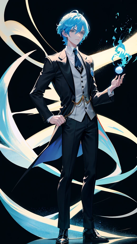 An adult man holding a small wand like a magic professor, his hair was bright blue, and he had a handsome face, without a hat, High quality, (Black background) white aura, black aura. 