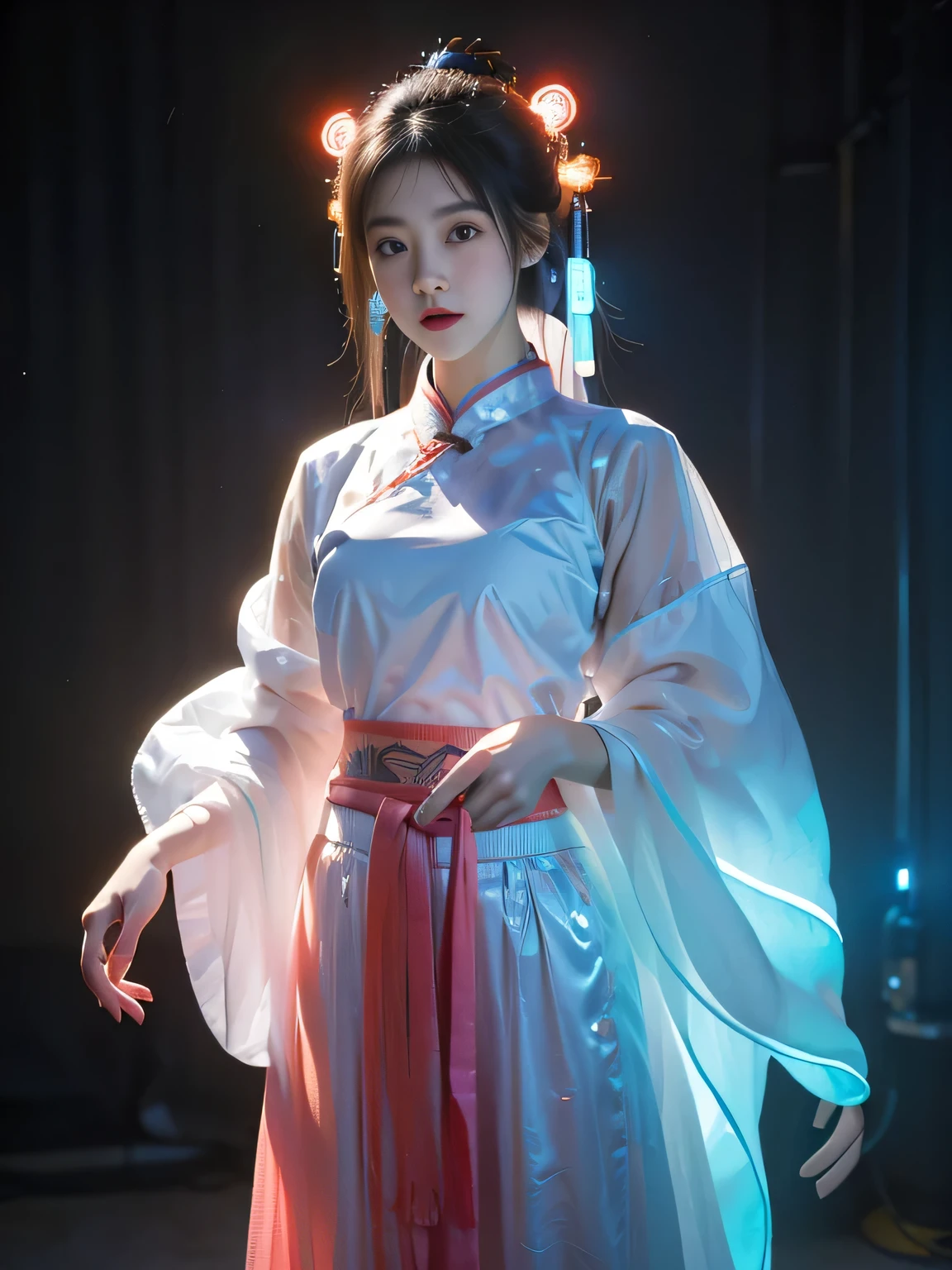 1 girl solo, perfect_hand, (8K, Raw photo, best quality, masterpiece:1.2), (Practical, photo-Practical:1.4), (extremely detailed CG unity 8K wallpaper),whole body, (Neon lights), Markup, Robotic Arm, Hanfu, Chinese clothes, skirt, Pretty Face,(Hidden Shot:1.1), epic Practical,Raw, simulation