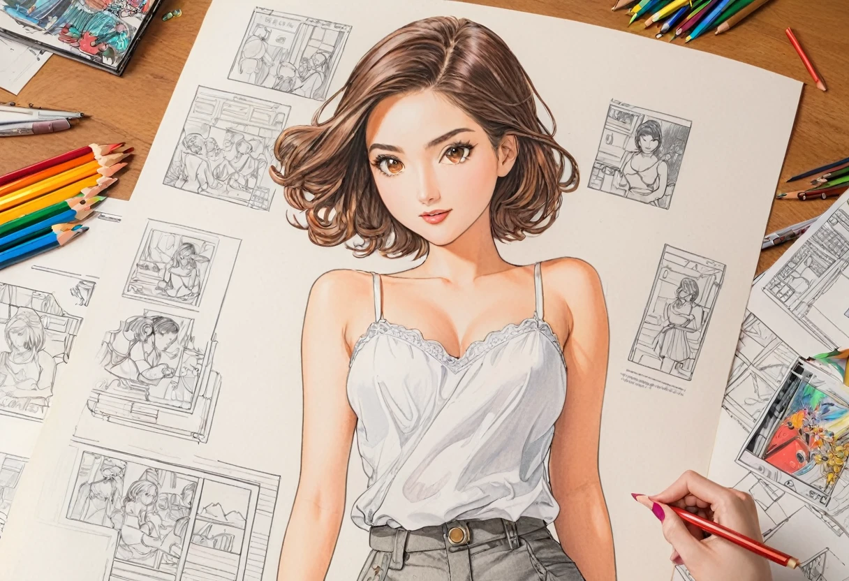 woman,short camisole,White,Art,ad,Color pencil drawing,Draft diagram ,Comic collage,illustration