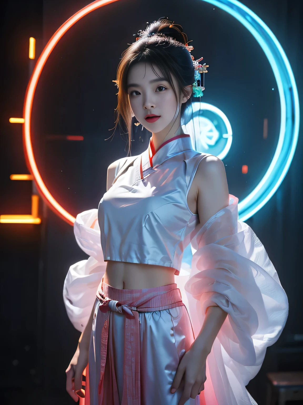 1 girl solo, perfect_hand, (8K, Raw photo, best quality, masterpiece:1.2), (Practical, photo-Practical:1.4), (extremely detailed CG unity 8K wallpaper),whole body, (Neon lights), Markup, Robotic Arm, Hanfu, Chinese clothes, skirt, Pretty Face,(Hidden Shot:1.1), epic Practical,Raw, simulation