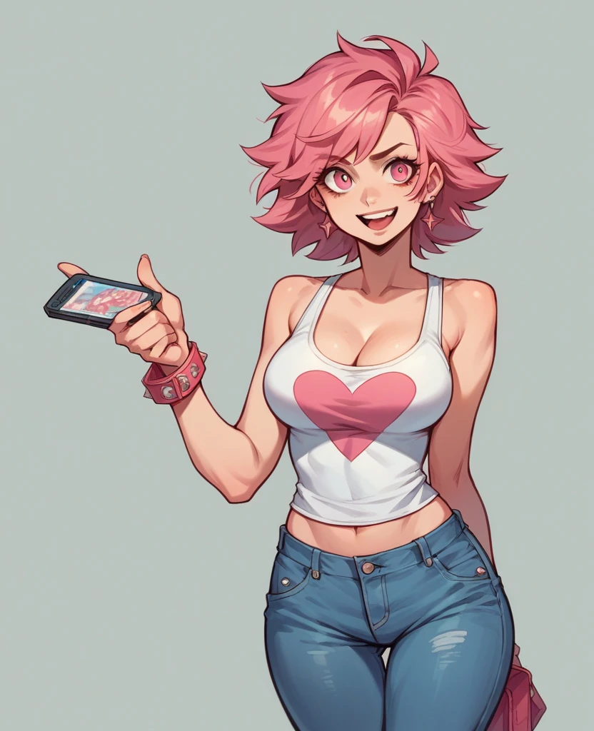 （natural， high resolution：1.3）， 1 girl with a perfect body， Super pink face and eyes..，broad， random color tank top.：1.2， short jeans， Big ，expose cleavage