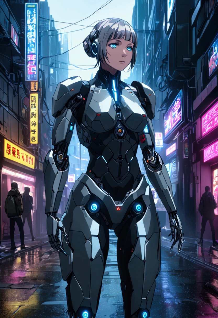 Anna nishikinomiya with the same body as a woman but only with armor that covers her entire body, has a (black robotic armor) turned into a Cyborg, of the shoulders and torso, and robotic legs without garments or clothing only Cyborg armor, in a raining alley of a cyberpunk city (Very detailed: 1.2), (canon EOS R6 best quality: 1.2), (8k: 1.0), (emb-rrf-low: 1.0), (detailed face, ojos Very detailed 1.2), sharp focus (award-winning photo: 1.2), (subsoil dispersal: 1.2), (subsoil dispersal: 1.2). 1.1) (A beautiful ultra detailed cyborg: 1.2), ( Hyper-detailed hair: 1.2), (wonderful body: 1.2), (whole body: 1.2), (dynamic posture :1.2), neon glow, (Detailed cyber eyes:1.1), close up (Hyper realistic:1.2), role playing game, cyberpunk 2077 style, dramatic lighting, (Very detailed futuristic cityscape:1.2), (Science fiction: 1.2). 1.2), professional portrait photography, by Wlop Greg Rutkowski Jeffrey Simpson Alphonse Mucha