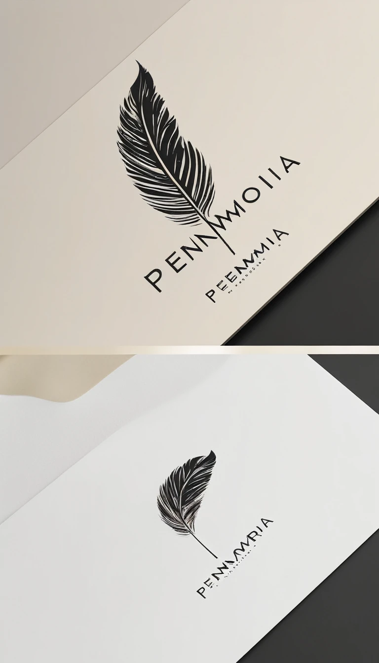 A minimal, modern, simple, cinematic logo design for the brand “Penamemoria". Create a modern, minimalistic, high-quality, logo of a boy feather