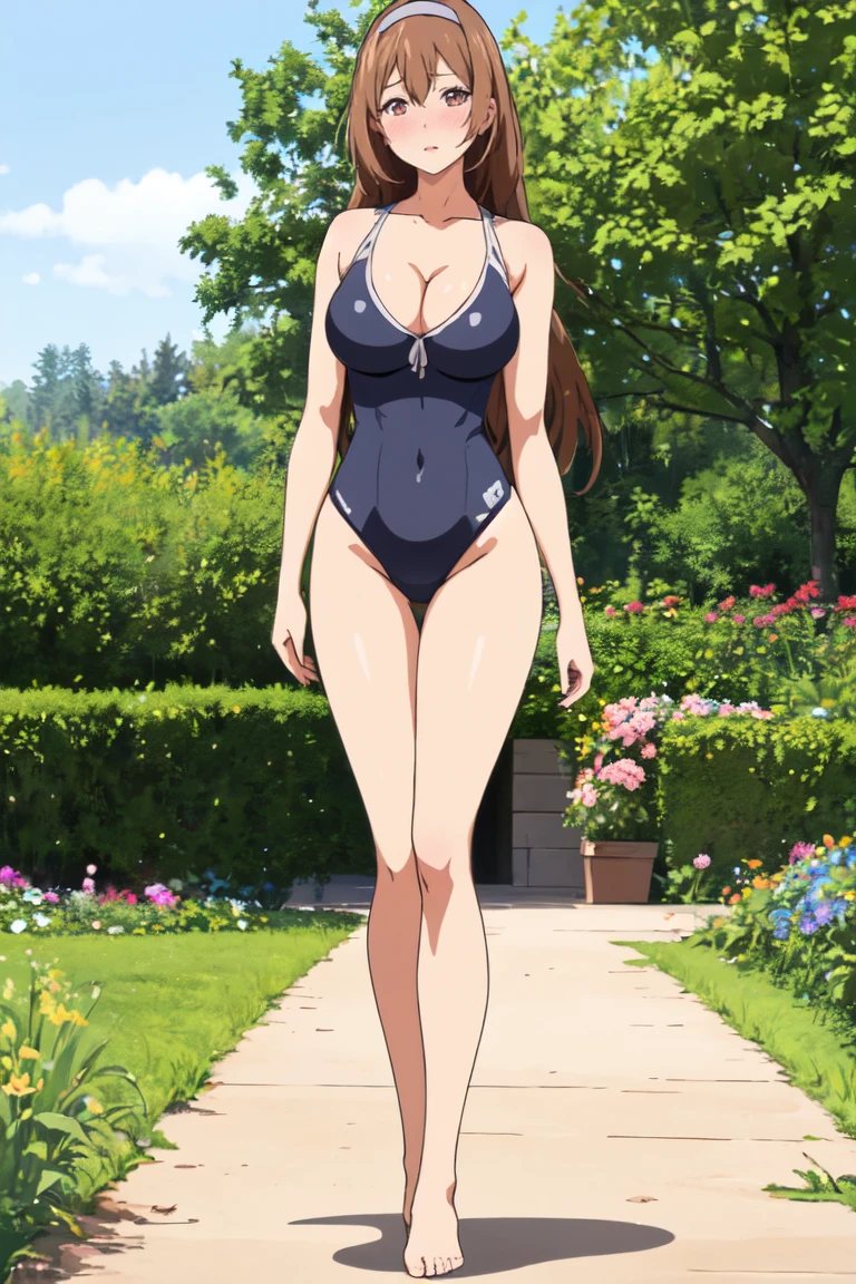 Ayumumo, One girl, alone, hair band, meanwhile, High leg competitive swimsuit, Spread your legs、Are standing、blush, Lips parted, Cleavage, View your viewers, garden、The wind is blowing strongly,