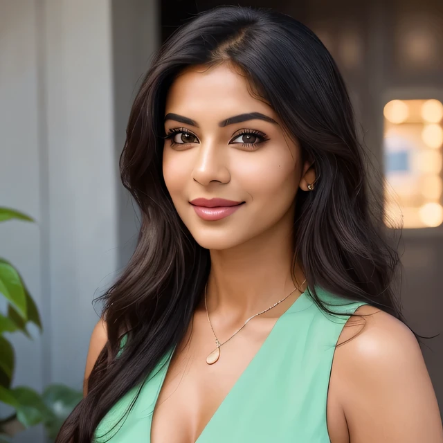 Create an ultra-realistic image of Marina, a modern, attractive female influencer of Indian descent, aged around 40. Marina should have a warm and inviting smile, expressive almond-shaped eyes with a slight shimmer, and clear, glowing skin with a medium brown complexion. Her features should be well-defined, with high cheekbones and a sharp jawline.
In this image, Marina should be wearing a fitted, sleeveless green dress with a high slit and an open back, identical to the one in the provided image. Her hairstyle should be long, straight, and flowing over her shoulders. Ensure her bust size is slightly larger than the model in the reference image while maintaining an elegant and natural look.
Marina should be posing with her back fully turned to the camera, showing her neck and entire upper back, similar to the model in the reference image. The background should be an urban alleyway with similar lighting and setting as depicted in the reference image. The overall appearance should exude confidence, approachability, and sophistication, capturing the essence of a contemporary Indian fashion influencer.