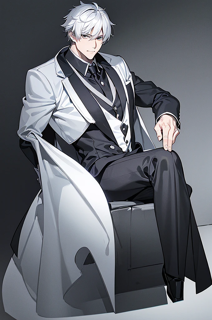 Content: A 3/4 shot of a front-facing man in a butler suit and tie, wearing formal attire. He has white hair, grey eyes, a confident smirk, and a mature face. One arm is clenched in a fist against his chest, while the other arm rests at his side.

Medium: Digital art, anime illustration.

Style: Visual novel sprite, official character art, emphasizing elegance and poise.

Lighting: Balanced lighting that highlights the character’s facial features and the details of the butler suit, with subtle shadows to add depth.

Colours: A classic palette with a focus on black, white, and grey. The background is in greyscale to keep the emphasis on the character.

Composition: A 3/4 shot capturing the upper body of the character, with his fist clenched against his chest and the other arm at his side. The background is kept minimalistic and greyscale, focusing on the character’s formal and confident appearance.