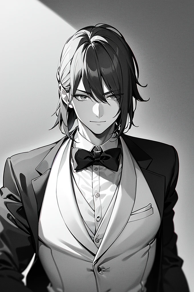 Content: A 3/4 shot of a front-facing man in a butler suit and tie, wearing formal attire. He has white hair, grey eyes, a confident smirk, and a mature face. One arm is clenched in a fist against his chest, while the other arm rests at his side.

Medium: Digital art, anime illustration.

Style: Visual novel sprite, official character art, emphasizing elegance and poise.

Lighting: Balanced lighting that highlights the character’s facial features and the details of the butler suit, with subtle shadows to add depth.

Colours: A classic palette with a focus on black, white, and grey. The background is in greyscale to keep the emphasis on the character.

Composition: A 3/4 shot capturing the upper body of the character, with his fist clenched against his chest and the other arm at his side. The background is kept minimalistic and greyscale, focusing on the character’s formal and confident appearance.