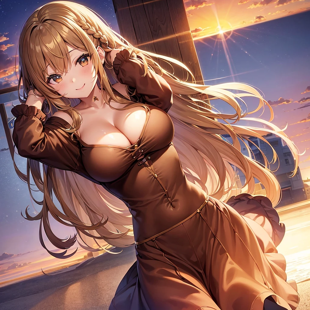 1People Girls、Asuna,STAR, Crown Half Up Hairstyle,Free Pose、Shoulder Off、Big tits cleavage、Captivating smile, Brown clothes, evening, Sunset sky, sunset