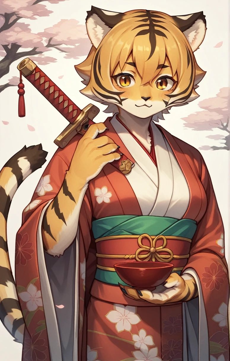 ((masterpiece,cute,Tiger Girl,kimono,A Cup,Fighter,Sword in right hand,The left hand is bare hand)),Old Japan,alone,kemono,Cat girl,Female furry,Background crop,humanoid cheetah,Fantasy,