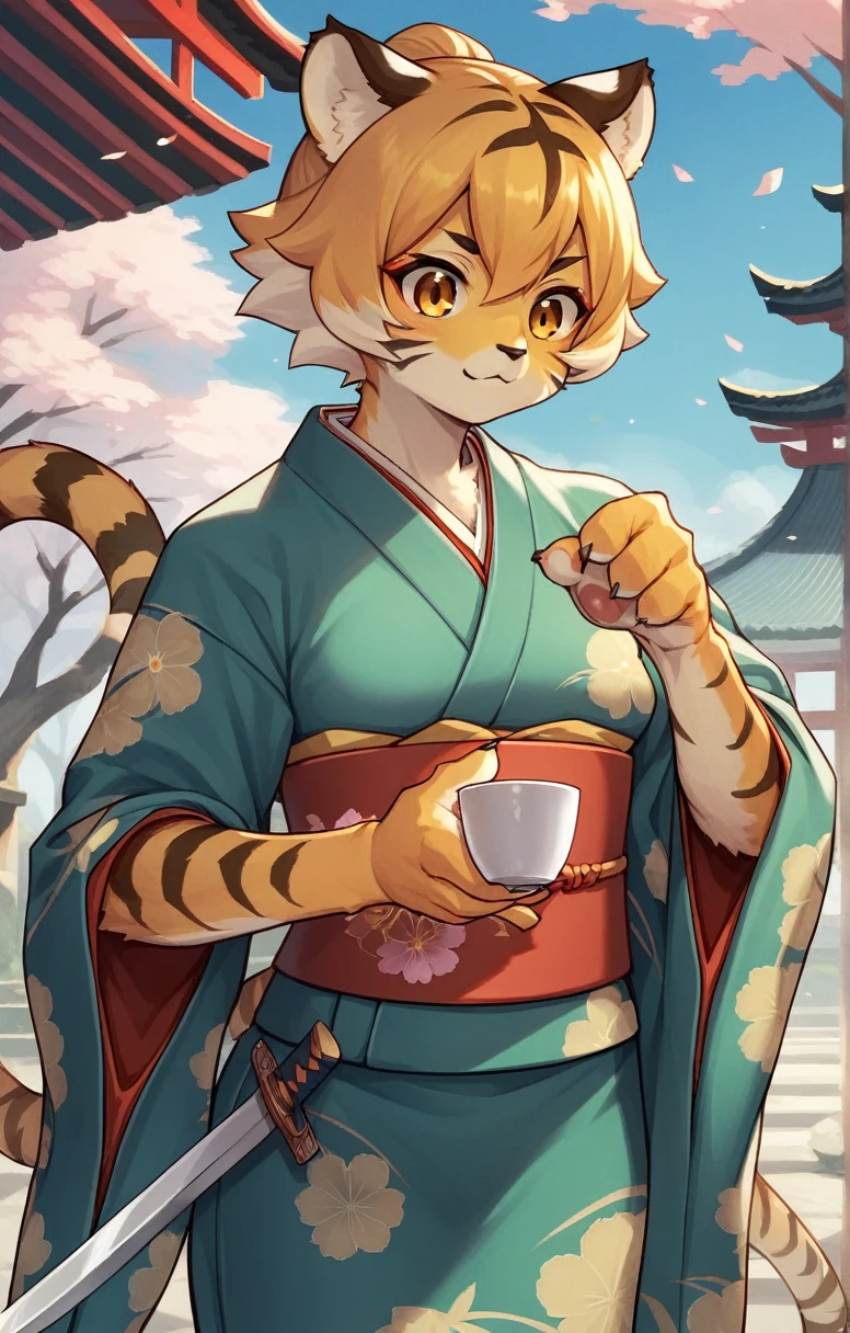 ((masterpiece,cute,Tiger Girl,kimono,A Cup,Fighter,Sword in right hand,The left hand is bare hand)),Old Japan,alone,kemono,Cat girl,Female furry,Background crop,humanoid cheetah,Fantasy,