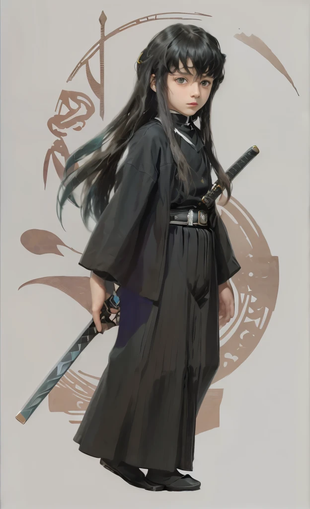 surrealistic, 8k, realistic photo, details, 1912s,  youth, beautiful eyes, sword at waist, beautiful boy with long hair, swordsman, old portrait photo from 1912, Demon Slayer, Muitiro Tokitou , samurai, 1912s background,