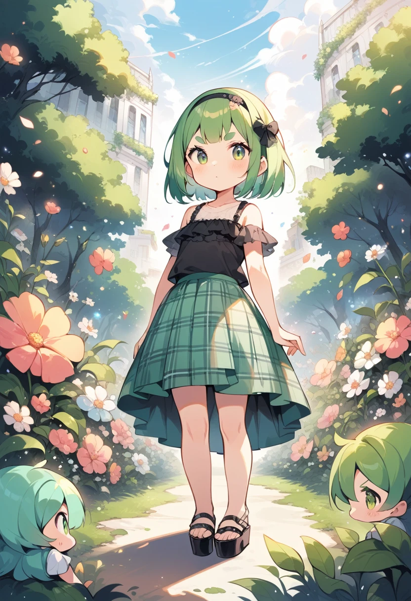 (loli:1.4),(little female child:1.4), cute face, 6 years old,kawaii, (highlight on eyes:1.1), small breast, (jiggly:0.8), shiny skin,(mini girl:1.5),
BREAK 
(green maro eyebrows:1.5), :<, (jitome:1.1),pouty and slightly grumpy,(medium green hair:1.2),pout,disgusted eyes, green eyes, puffy eyes,
BREAK
breathtalking Scenery, breathtalking Beauty, breathtalking Cute,scenery, (best quality, masterpiece:1.2), (ultra high quality:1.2),smooth soft skin, natural skin,watercolor,
BREAK
layer of clothes,(black camisole:1.2) under (white Ruffled blouse:1.1), burberry check patterned skirt,head band.Platform Sandals,dynamicangle,kawaii,outdoors,flowergarden,flowerbackground,tiffany,dust particles,