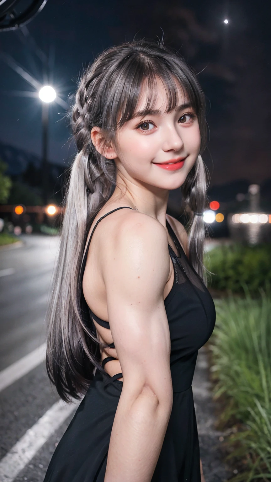 1 Girl, Beautiful, Baby Face, 20 Years Old, White Skin, Large Breasts, Black See Through Dress, ((muscles:1.3)), ((Night Mountain Outdoor)), Sexy Look, Girly Pose, Grey Hair Bangs, Silver Twintail, ((adorable:1.1)), ((masterpiece:1.1)), Cute Face, ((Nightly:1.3)), Black Coloured, Candid, Smile