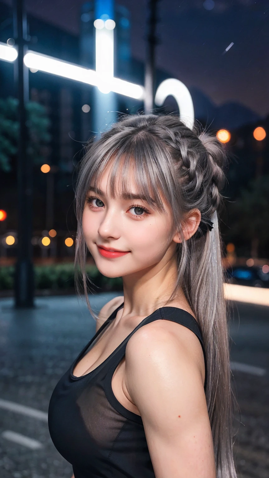 1 Girl, Beautiful, Baby Face, 20 Years Old, White Skin, Large Breasts, Black See Through Dress, ((muscles:1.3)), ((Night Mountain Outdoor)), Sexy Look, Girly Pose, Grey Hair Bangs, Silver Twintail, ((adorable:1.1)), ((masterpiece:1.1)), Cute Face, ((Nightly:1.3)), Black Coloured, Candid, Smile