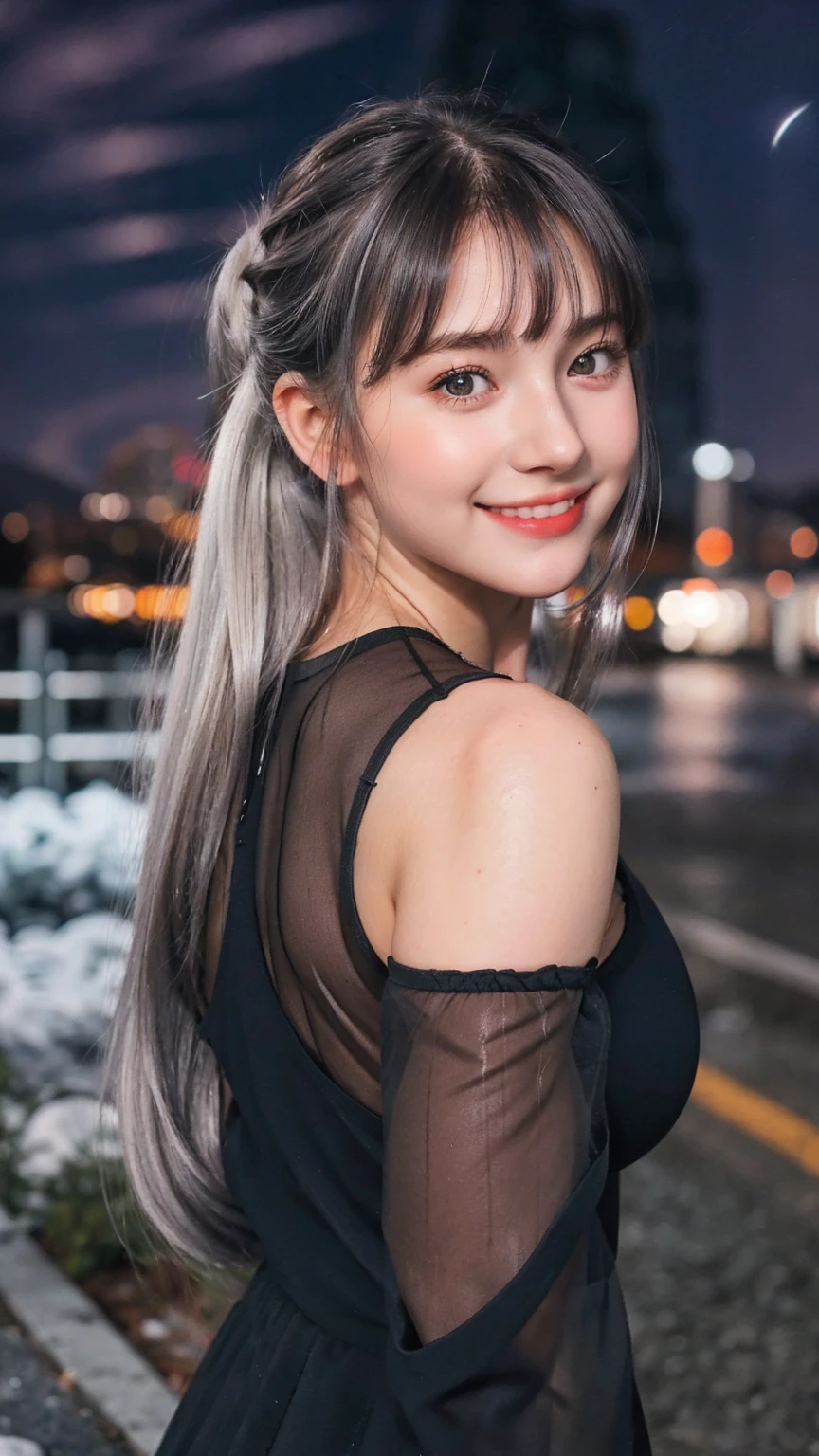 1 Girl, Beautiful, Baby Face, 20 Years Old, White Skin, Large Breasts, Black See Through Dress, ((muscles:1.3)), ((Night Mountain Outdoor)), Sexy Look, Girly Pose, Grey Hair Bangs, Silver Twintail, ((adorable:1.1)), ((masterpiece:1.1)), Cute Face, ((Nightly:1.3)), Black Coloured, Candid, Smile