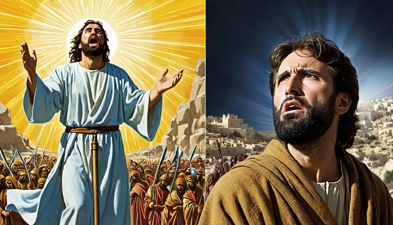 Central Image:
Paul in two moments:Pursuer: Severe expression, dark clothes, frown, holding stones/swords (symbolizing persecution).
Apostle: Serene face, white/clear robes, hands in prayer position, divine light around (symbolizing faith). Close up in Paul:
Tears in the eyes (optional), representing repentance and conversion. Stylized illustration: conveying timelessness of history. Additional Elements: Rays of light (divine revelation). Scenes: Paul stoning Stephen (persecution).
Paul falling from the horse on the road to Damascus (conversion).
Paul preaching to multitudes (apostolate). Color Combinations:
Vibrant colors: Yellow, orange and blue to capture attention and convey Paul's epic journey. Objective:
Attractive and impactful Thumbnail that captures the attention of the public and arouses curiosity about the story of Paul.