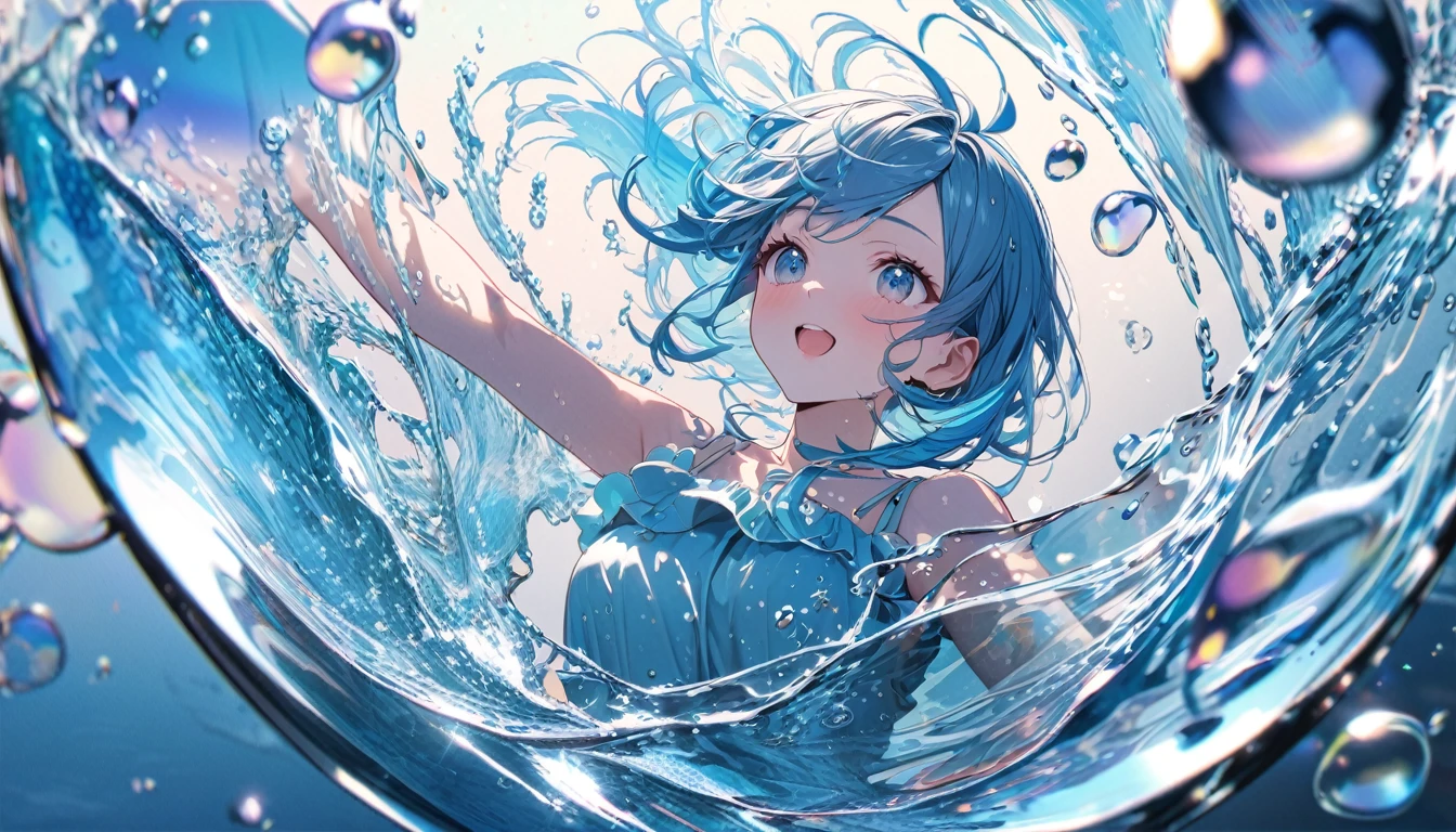Very detailed, 8k, Glass, Water in a Glass, Glassクリスタル, bubble, Right blue water, Nice, bright、Blue Hair Girl、splash