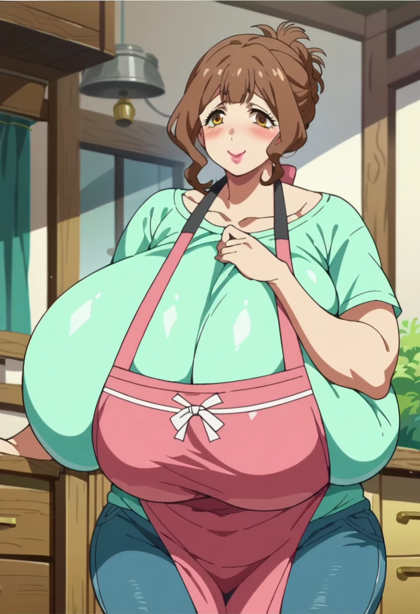 anime screencap,kazami torino,(gigantic breasts:1.4),wide hip,thick thighs,plump,mature female,brown hair,updo,lipstick,tareme,light green shirt,pink apron,brue jeans,cowboy shot,blush