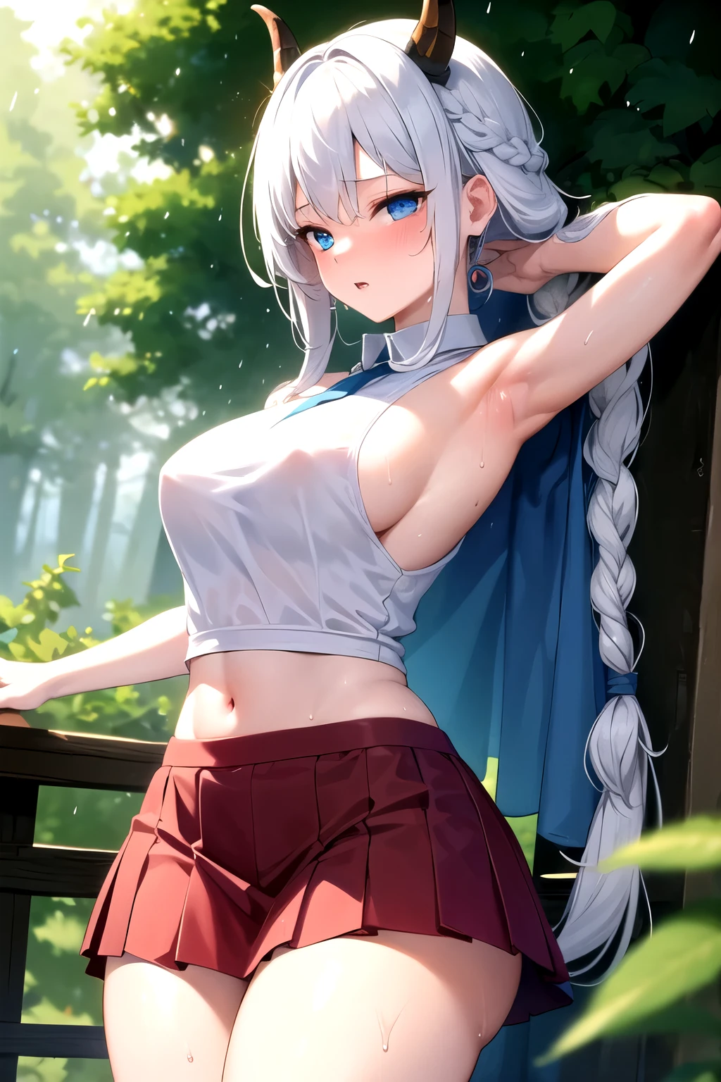 ((best quality)), ((masterpiece)), (detailed), ((best quality)), ((masterpiece)), (detailed), Goddess, white hair, braided hair, blue eyes, horny, sweaty, armpits, Thin shirt, skirts, large thighs, side , ninja, raining, forest, 4k