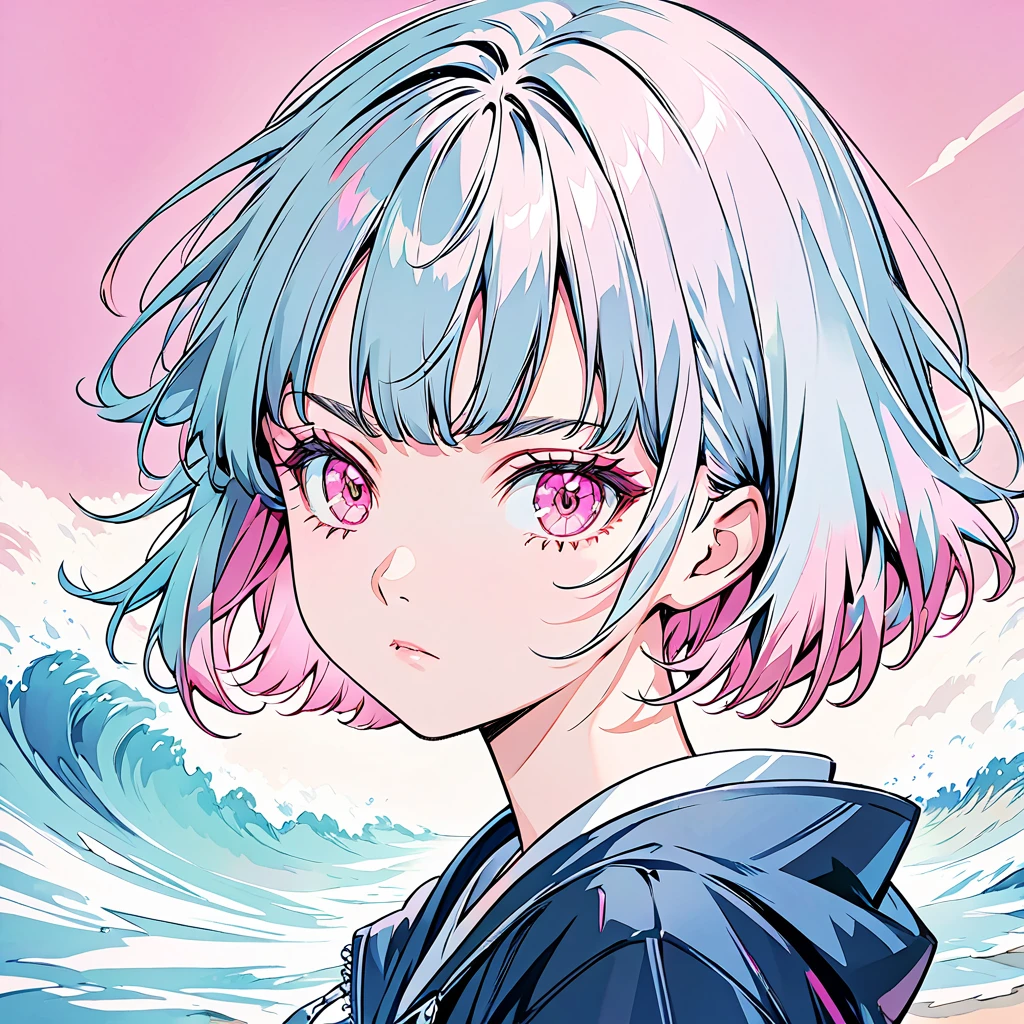 Pink-eyed anime girl with silver shaggy cut, Young girl,Young age Girl, Digital illustration style, In the art style of Bouwater, Anime Style, Anime-style illustrations,Serious expression、 pastel colour