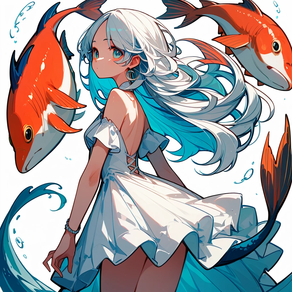 girl、魚とgirl、Lots of fish、Pisces、curly white hair、White background、Simple clothes、White Dress