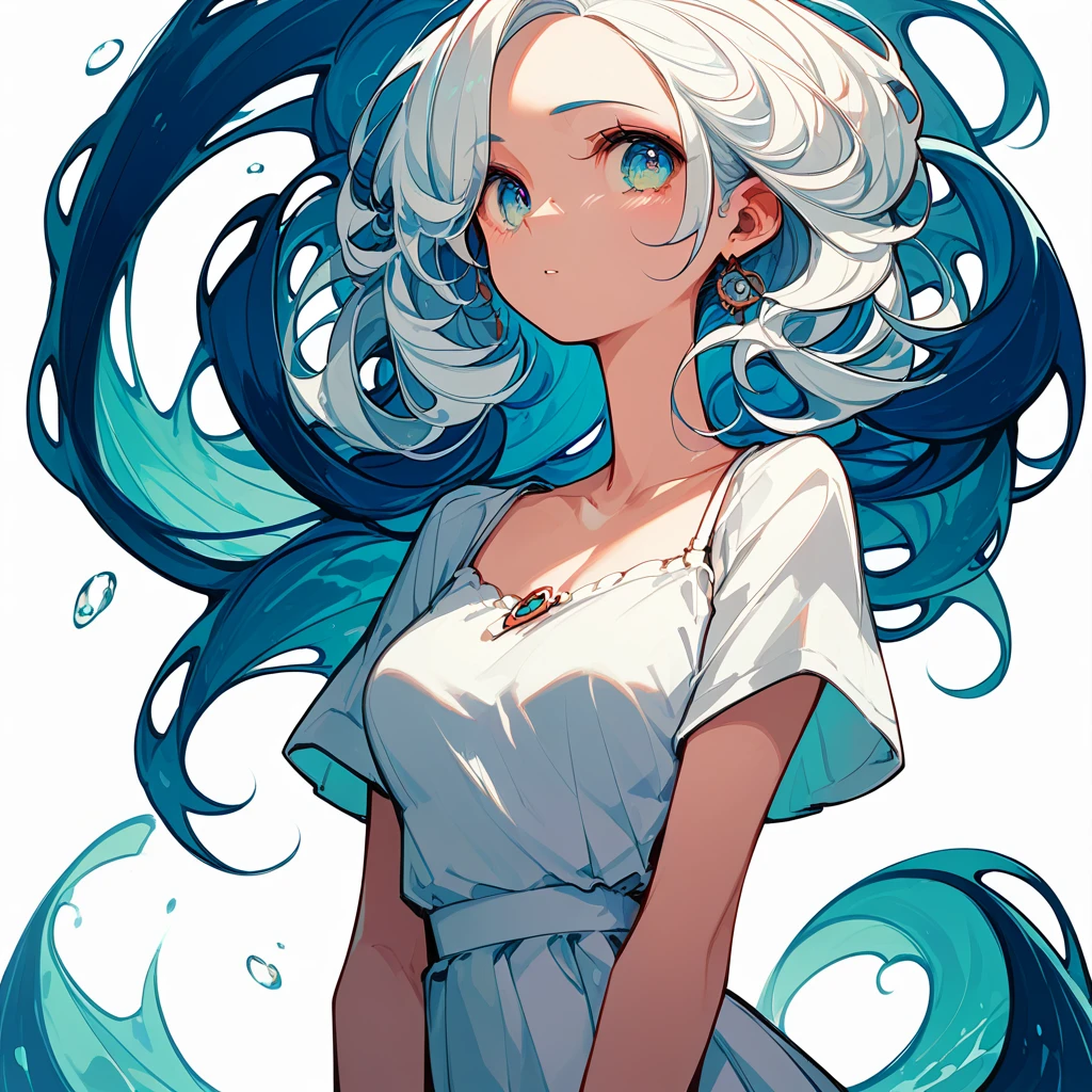 girl、魚とgirl、Lots of fish、Pisces、curly white hair、White background、Simple clothes、White Dress