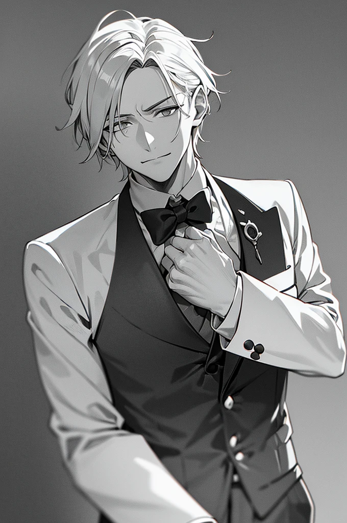 Content: A 3/4 shot of a front-facing man in a butler suit and tie, wearing formal attire. He has white hair, grey eyes, a confident smirk, and a mature face. One arm is clenched in a fist against his chest, while the other arm rests at his side.
Medium: Digital art, anime illustration.
Lighting: Balanced lighting that highlights the character's facial features and the details of the butler suit, with subtle shadows to add depth.
Colours: A classic palette with a focus on black, white, and grey. The background is in greyscale to keep the emphasis on the character.
Composition: A 3/4 shot capturing the upper body of the character, with his fist clenched against his chest and the other arm at his side. The background is kept minimalistic and greyscale, focusing on the character's formal and confident appearance.
