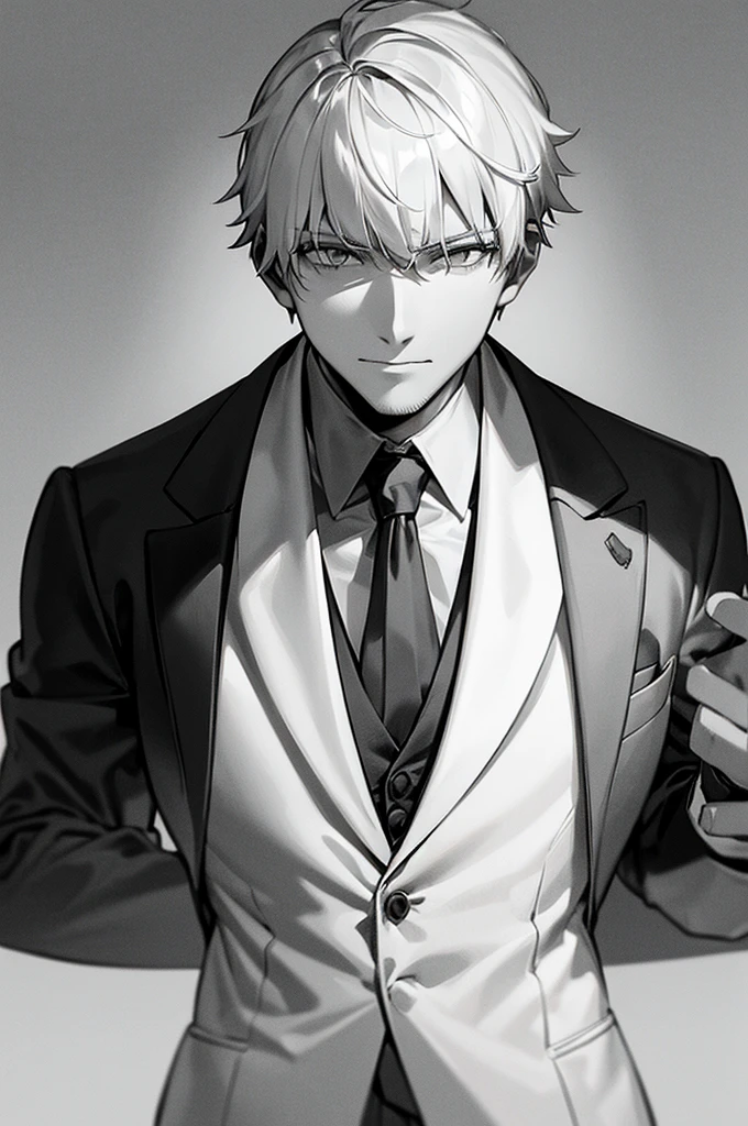 Content: A 3/4 shot of a front-facing man in a butler suit and tie, wearing formal attire. He has white hair, grey eyes, a confident smirk, and a mature face. One arm is clenched in a fist against his chest, while the other arm rests at his side.
Medium: Digital art, anime illustration.
Lighting: Balanced lighting that highlights the character's facial features and the details of the butler suit, with subtle shadows to add depth.
Colours: A classic palette with a focus on black, white, and grey. The background is in greyscale to keep the emphasis on the character.
Composition: A 3/4 shot capturing the upper body of the character, with his fist clenched against his chest and the other arm at his side. The background is kept minimalistic and greyscale, focusing on the character's formal and confident appearance.
