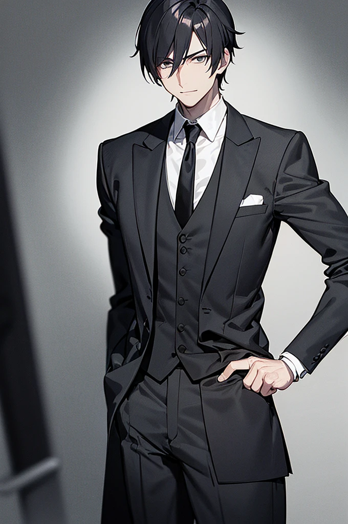Content: A 3/4 shot of a front-facing man in a butler suit and tie, wearing formal attire. He has white hair, grey eyes, a confident smirk, and a mature face. One arm is clenched in a fist against his chest, while the other arm rests at his side.
Medium: Digital art, anime illustration.
Lighting: Balanced lighting that highlights the character's facial features and the details of the butler suit, with subtle shadows to add depth.
Colours: A classic palette with a focus on black, white, and grey. The background is in greyscale to keep the emphasis on the character.
Composition: A 3/4 shot capturing the upper body of the character, with his fist clenched against his chest and the other arm at his side. The background is kept minimalistic and greyscale, focusing on the character's formal and confident appearance.