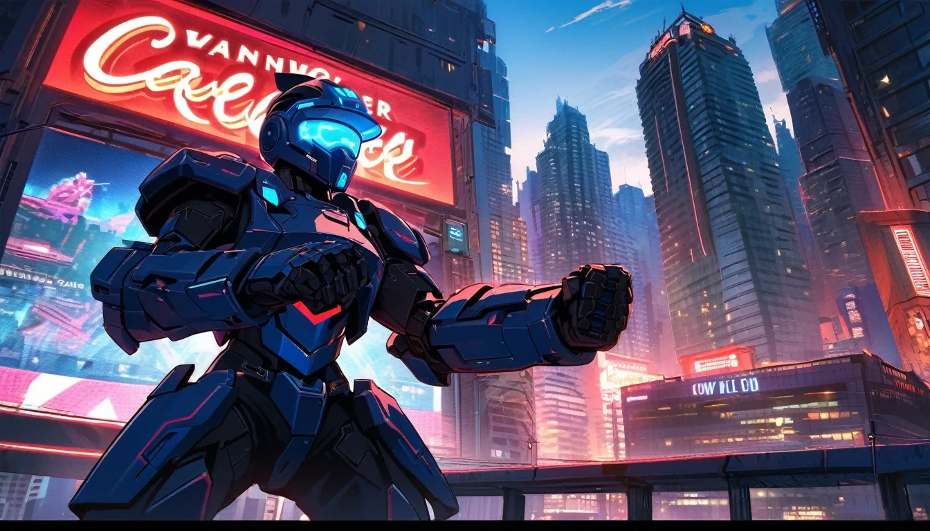 Mech suit, standing, viewing the city,, Vancouver, high-quality artwork, metal armour, intense lighting, cityscape background, heroic pose, dramatic shadows, black suit with red neon lights, hockey helmet with blue visor, video game, blue electric fists, graphic novel style