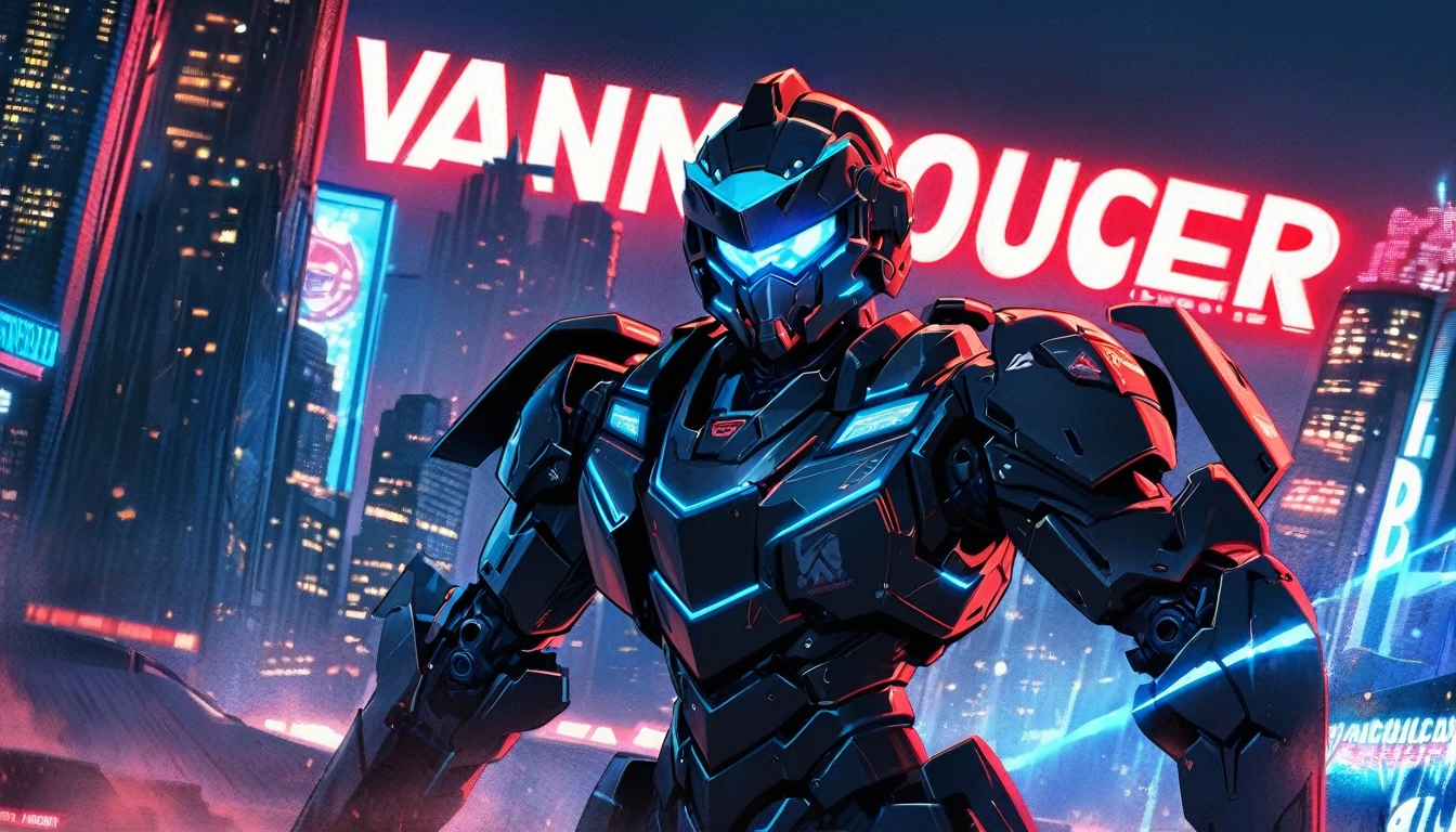 Mech suit, standing, viewing the city,, Vancouver, high-quality artwork, metal armour, intense lighting, cityscape background, heroic pose, dramatic shadows, black suit with red neon lights, hockey helmet with blue visor, video game, blue electric fists, graphic novel style