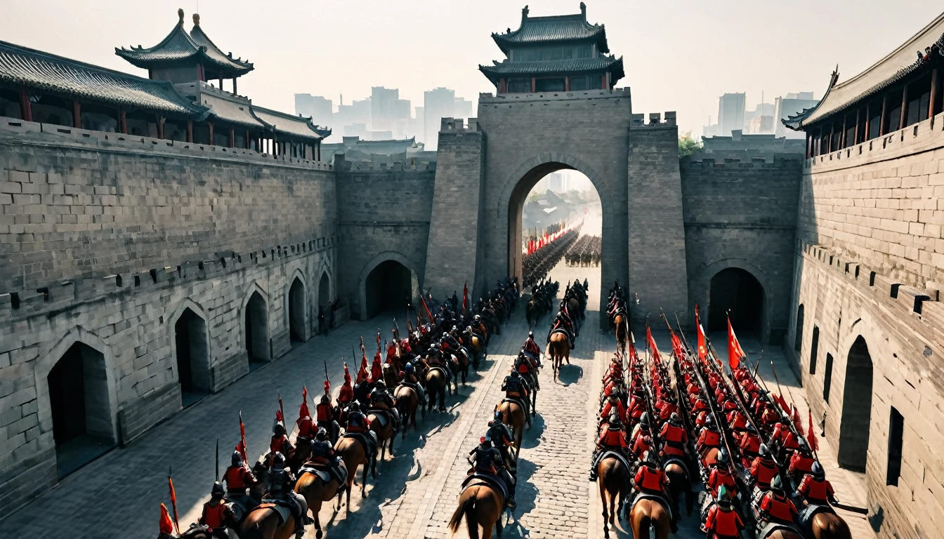 A squad of cavalry，Enter the towering city walls，Chinese City Gate