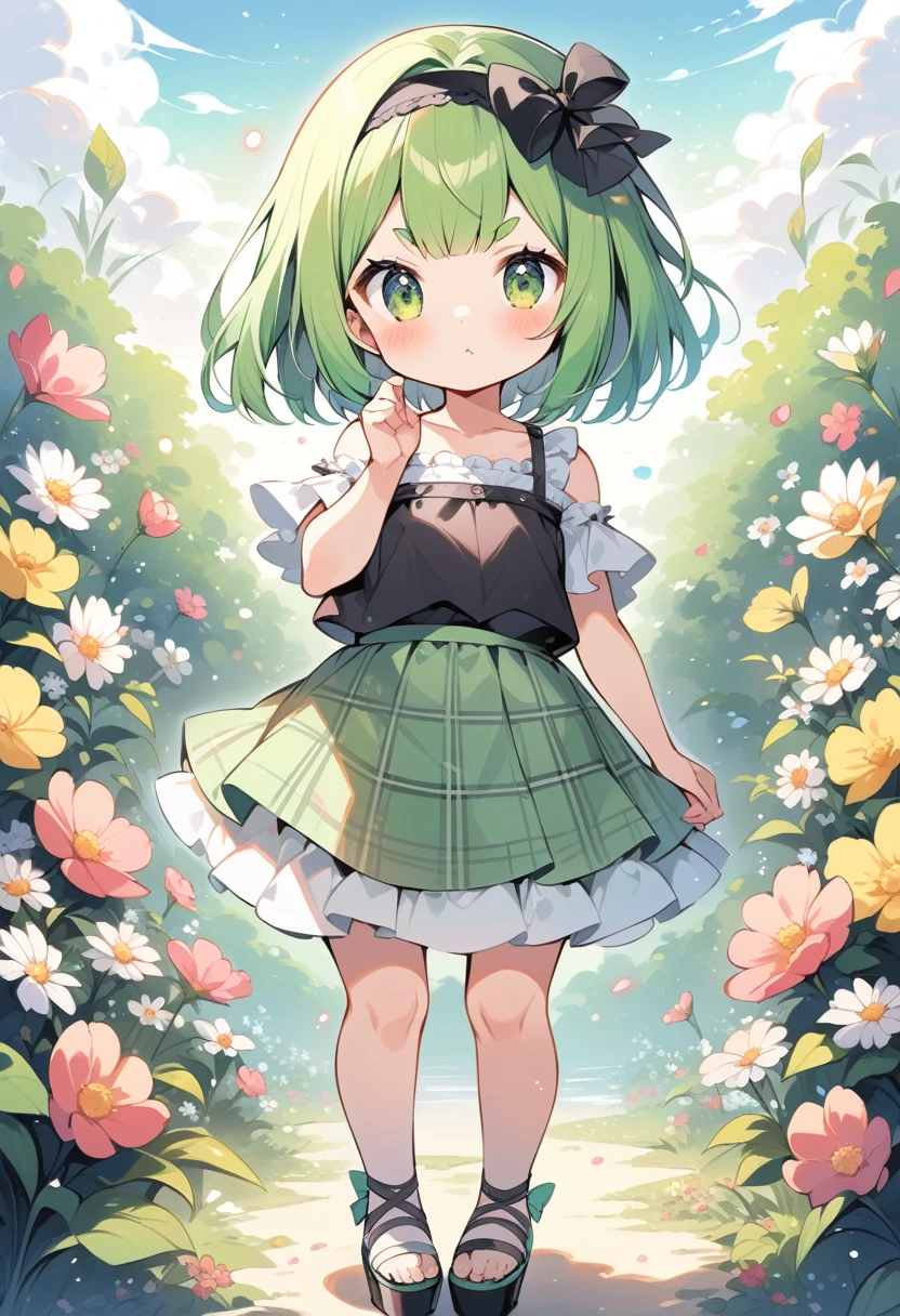 (loli:1.4),(little female child:1.4), cute face, 6 years old,kawaii, (highlight on eyes:1.1), small breast, (jiggly:0.8), shiny skin,(mini girl:1.5),
BREAK 
(green maro eyebrows:1.5), :<, (jitome:1.1),pouty and slightly grumpy,(medium green hair:1.2),pout,disgusted eyes, green eyes, puffy eyes,
BREAK
breathtalking Scenery, breathtalking Beauty, breathtalking Cute,scenery, (best quality, masterpiece:1.2), (ultra high quality:1.2),smooth soft skin, natural skin,watercolor,
BREAK
layer of clothes,(black camisole:1.2) under (white Ruffled blouse:1.2), burberry check patterned skirt,head band.Platform Sandals,dynamicangle,kawaii,outdoors,flowergarden,flowerbackground,tiffany,dust particles,
