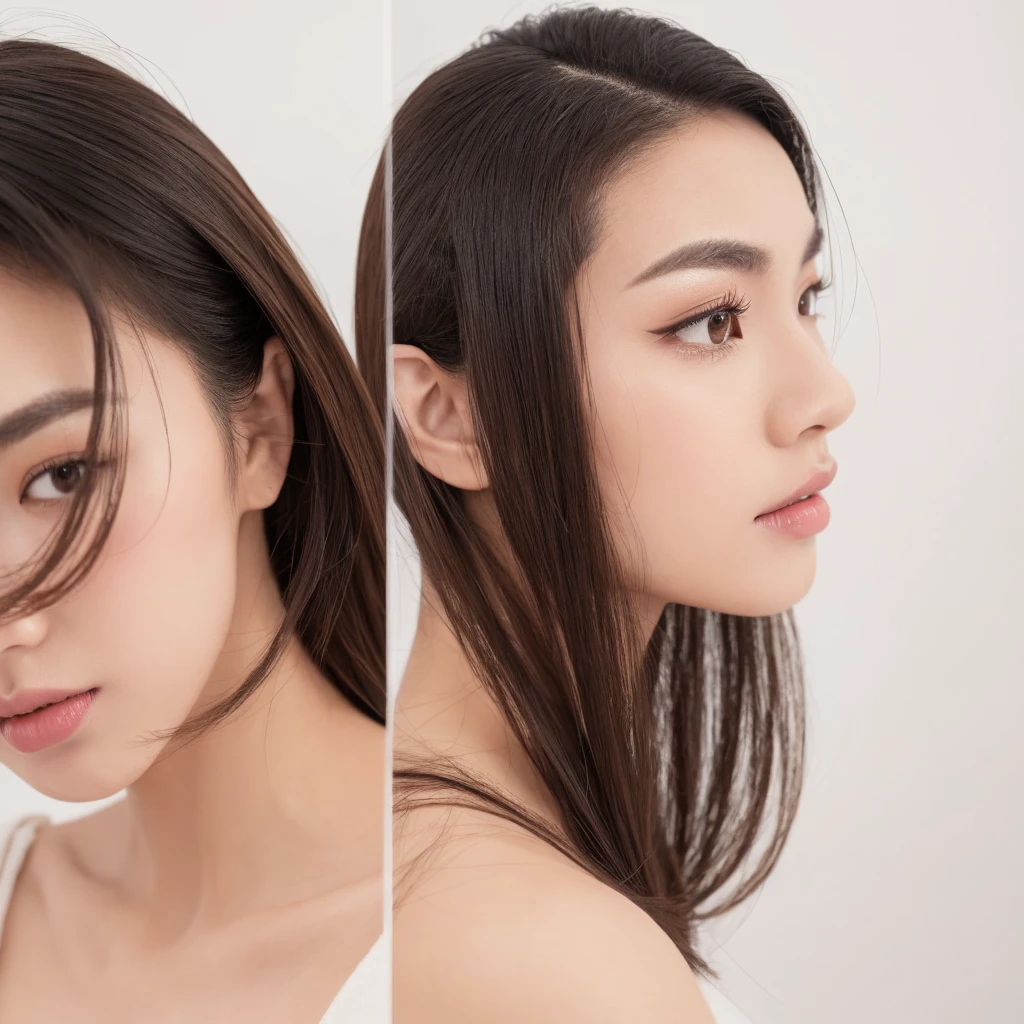 Professional studio portrait of an Asian female lash salon model, left side profile (90 degrees), striking eyebrows and long eyelashes, white background, high-key lighting, beauty photography, detailed facial features, sharp focus, dramatic eye makeup, bold lipstick, flawless skin. two faces, double profile, blurry, low quality, disfigured, deformed features, extra limbs