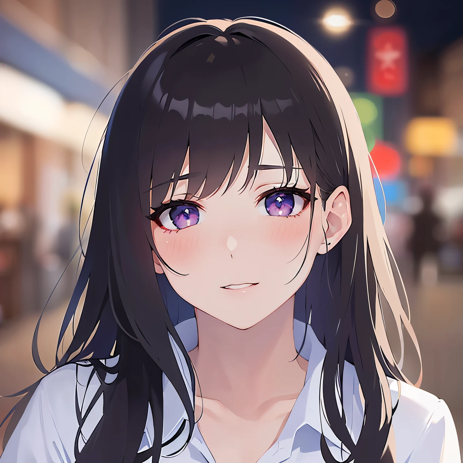 hand on own face、Biologically correct five fingers、Close-up of your face、head tilt, Cleavage、Realistic, real person, (pale skin: 1.2), RAW photo, photorealistic, shiny skin, shiny hair、(A 25-year-old woman with straight hair and bangs) and (medium hair) and (black hair) and (purple eyes) , (white) and (collared shirt)、smile, (blush:1.5), The background is a shopping street at night、Alone、Are standing