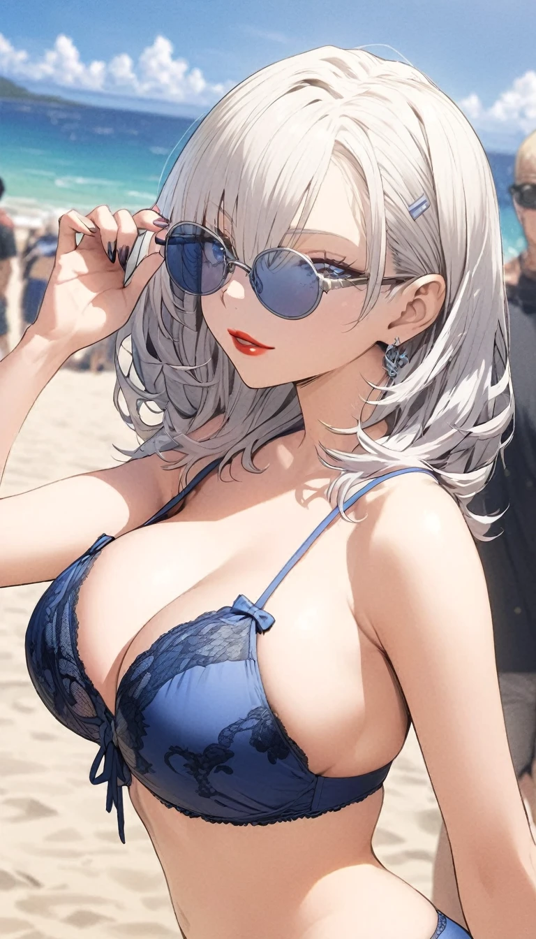 Anime woman with silver hair and blue eyes, relaxed look, red lips, blue lingerie and sunglasses, look over the glasses, large breasts, full body on the beach