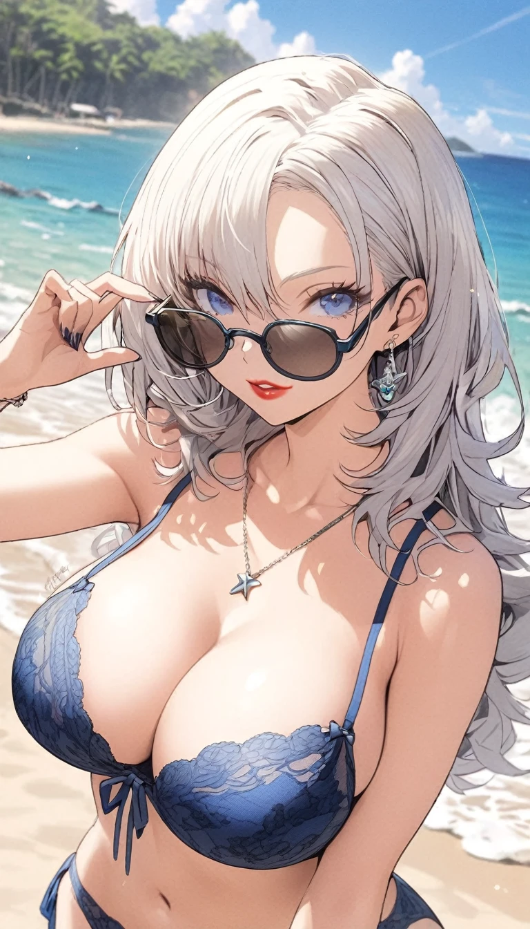 Anime woman with silver hair and blue eyes, relaxed look, red lips, blue lingerie and sunglasses, look over the glasses, large breasts, full body on the beach