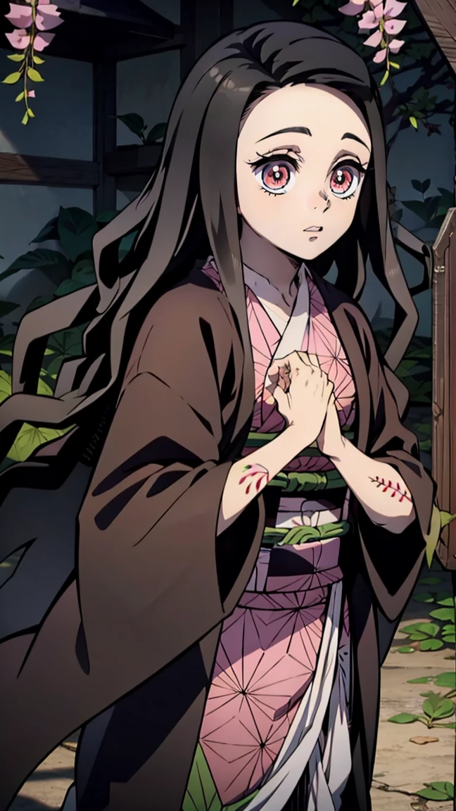 woman, adult girl, real photos、girlка демон, Focus on the eyes, tears of joy, stupidly, night, grin, demonic smile, beautiful, Blinding smile, very sweet, Kimano, girl, top quality изображения、character design of Nezuko from Demon Slayer, chedevr, (pink kimono), seductive face, kamado stupidly、Demon kamado stupidly、ancient japan, charm of kamado stupidly, leaf tattoos, tattoos pierce the whole body, finely detail, chedevr, shining eyes, 1girl in, Dark-haired, , kamado stupidly, wisteria background, chedevr, top quality,