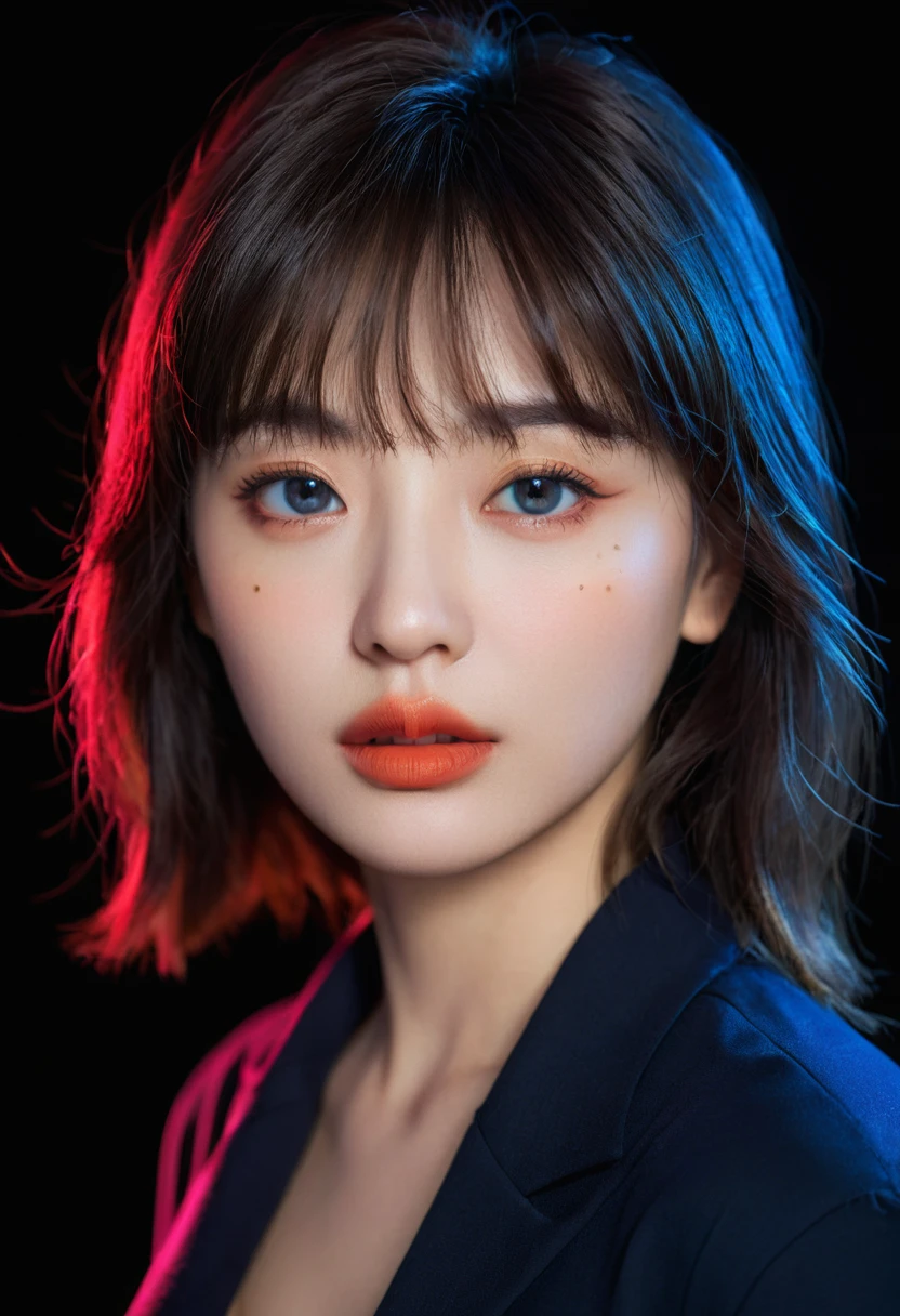 (upper body:1.5),8k, best quality, 1 Girl, (Skin Indentation), night, (dark), Indoor clear background, (people), Beautiful bangs, Gorgeous,, (Clothing and:1.3),Soft lighting, attractive, dark Room, (mouth close:1.2, beautiful eyes, Delicate eyes, Detailed iris, Beautiful lips, Beautiful nose, Pretty Face),(primary color:1.5),(Ambient Light:1.5),(Neon light:1.8),(Radioluminescence:1.8),(red and blue light:1.5)