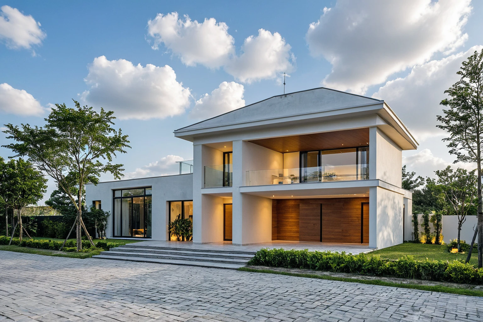 Masterpiece, high quality, best quality, authentic, super detail, outdoors, onestoreyvillaXL, aiaigroup, house style modern on the street ,stairs, white wall ,road,pavement, grass, trees, sky, cloud, (daylight:1.1),((pool front of villa))