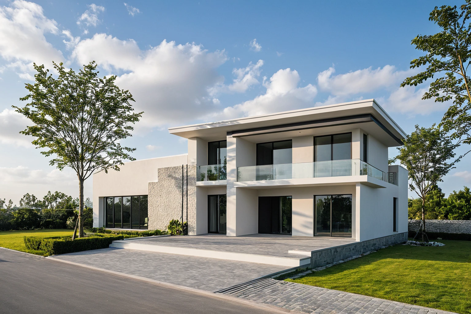 Masterpiece, high quality, best quality, authentic, super detail, outdoors, onestoreyvillaXL, aiaigroup, house style modern on the street ,stairs, white wall ,road,pavement, grass, trees, sky, cloud, (daylight:1.1),((pool front of villa))