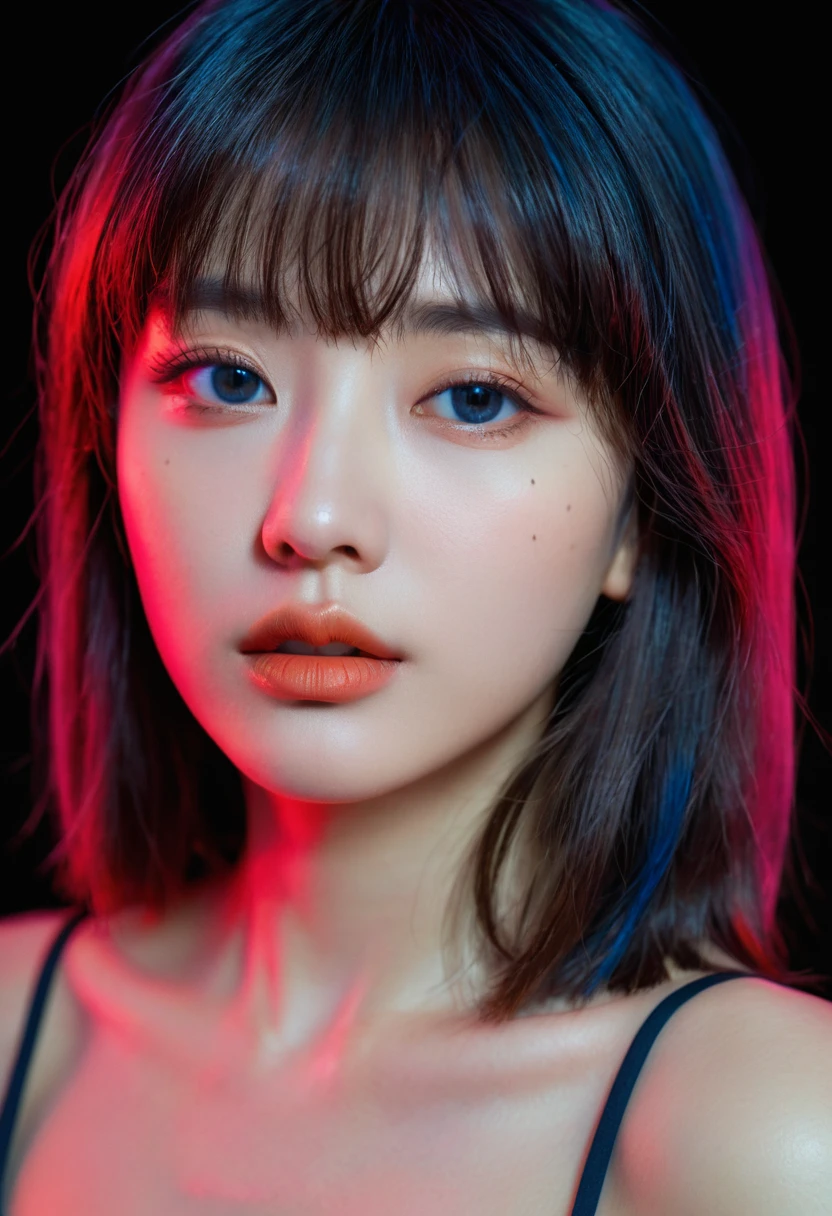 (upper body:1.5),8k, best quality, 1 Girl, (Skin Indentation), night, (dark), Indoor clear background, (people), Beautiful bangs, Gorgeous,, (Clothing and:1.3),Soft lighting, attractive, dark Room, (mouth close:1.2, beautiful eyes, Delicate eyes, Detailed iris, Beautiful lips, Beautiful nose, Pretty Face),(primary color:1.5)，(Ambient Light:1.5)，(Neon light:1.8),(Radioluminescence:1.8),(red and blue light:1.5)